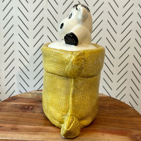 Vintage Cow Cookie Jar Yellow Burlap Sack Gunny Tow Country Kitchen Farmhouse - Picture 2 of 11